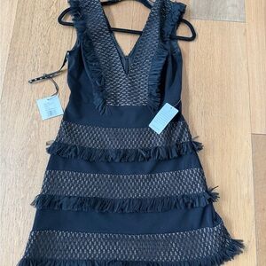 NWT Nordstrom Black Lace & Fringe V-Neck Dress
